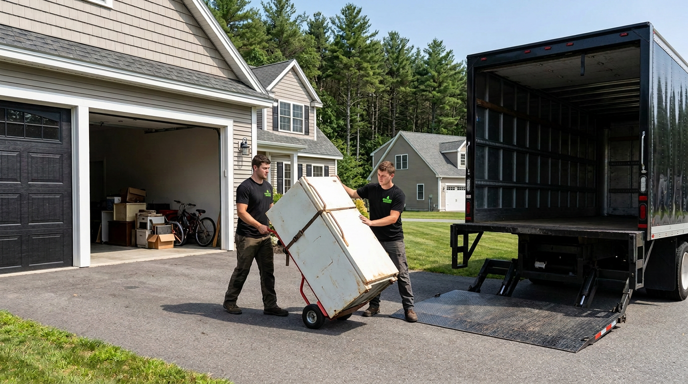 Pine State Hauling crew wheeling an old refrigerator out of a Maine garage on an appliance dolly