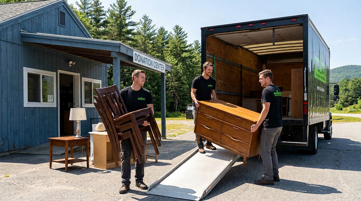 Pine State Hauling crew delivering donated furniture to a Maine donation center