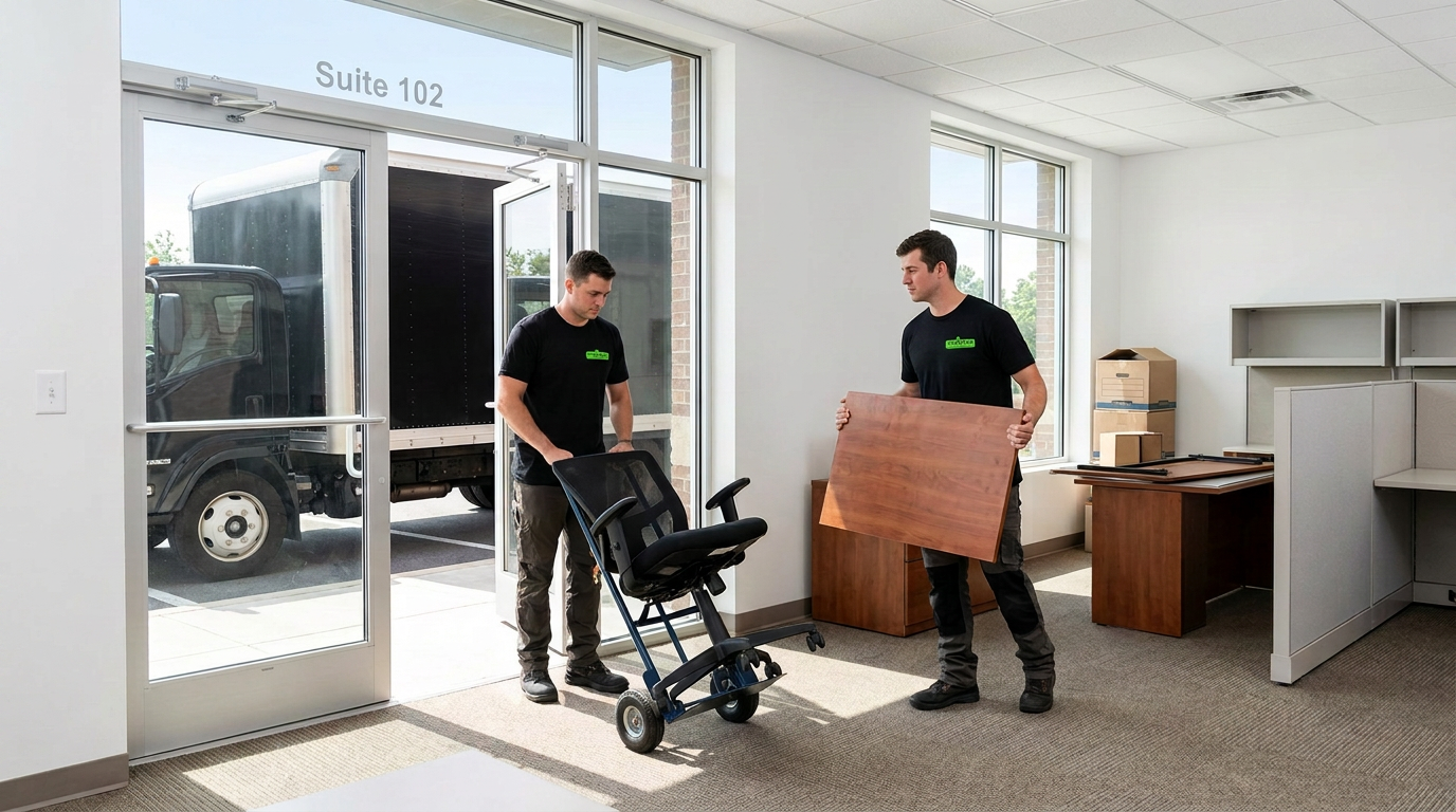 Pine State Hauling crew removing office furniture during an office cleanout in Maine