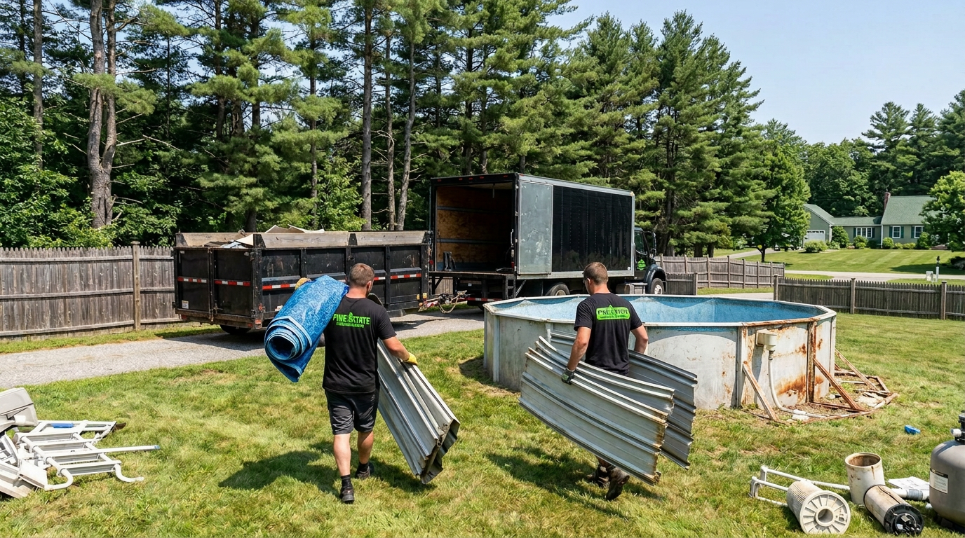 Pine State Hauling crew dismantling an old above-ground pool in a Maine backyard